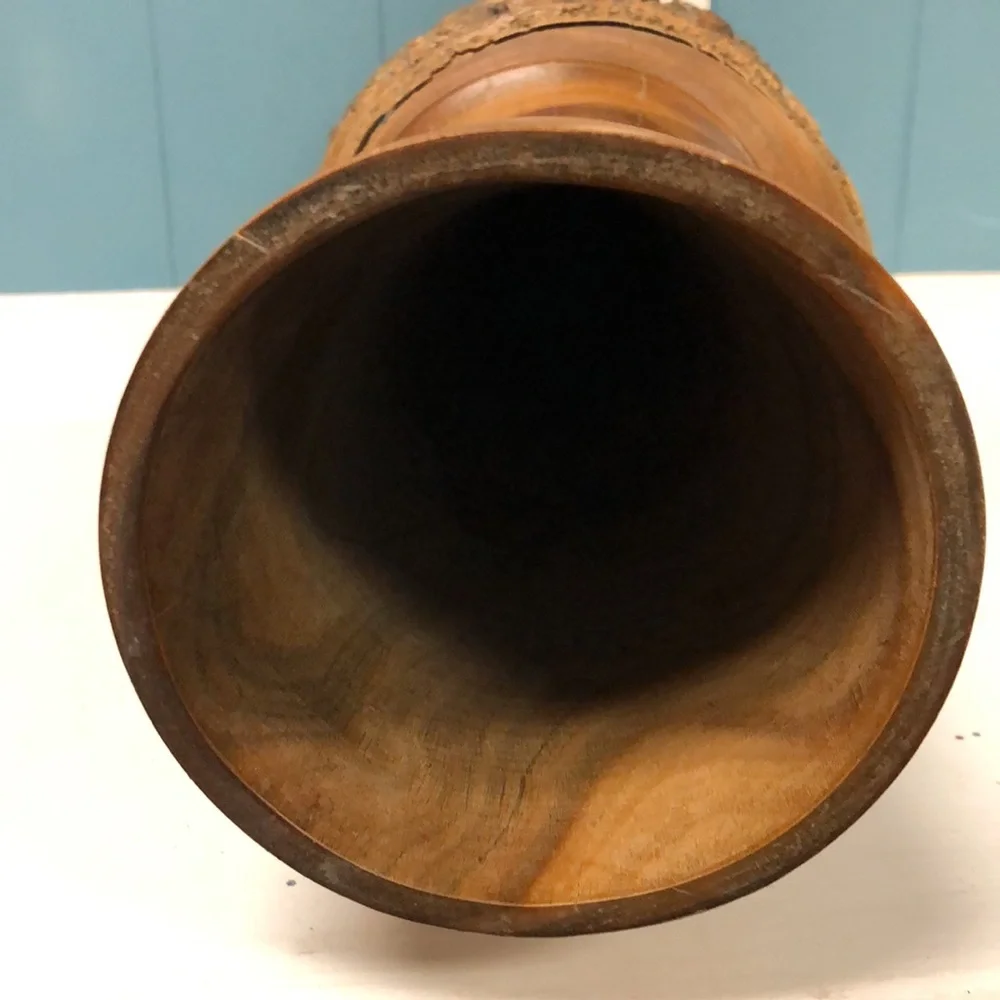 Vintage Large 15.5” Hand Turned‎ Wooden Vase Mantle solid wood with bark accents